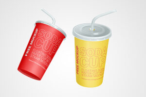 Free Floating Soda Paper Cup with Straw Mockup